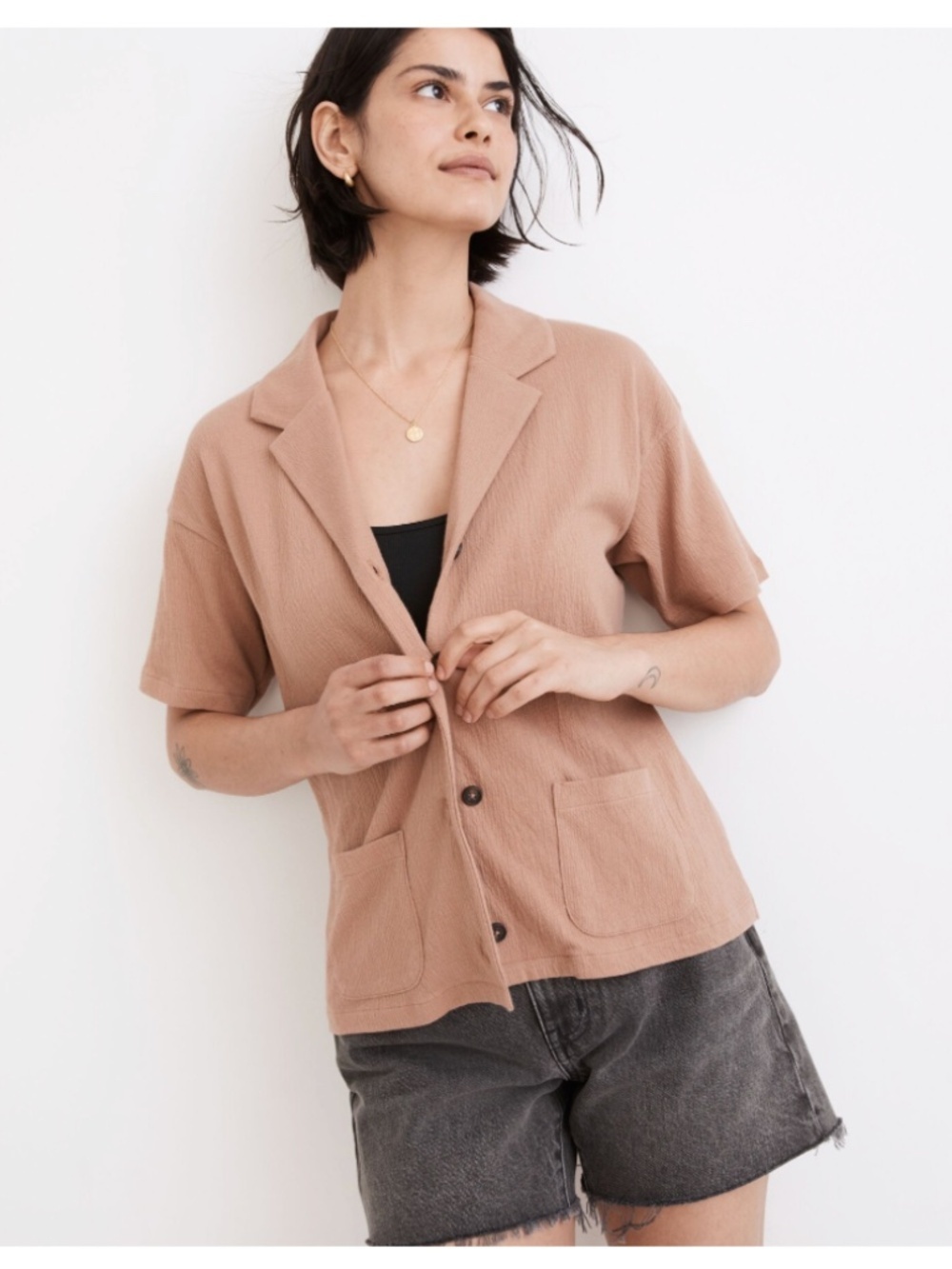 Madewell Knit Lightspun Button Up Casual Camp Shirt in Faded Earth Size Medium